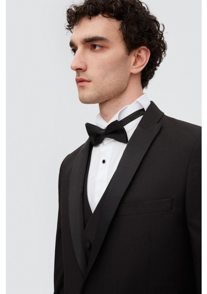 Slim Fit Siyah Düz Damatlık & Smokin Yelekli Takim Elbise