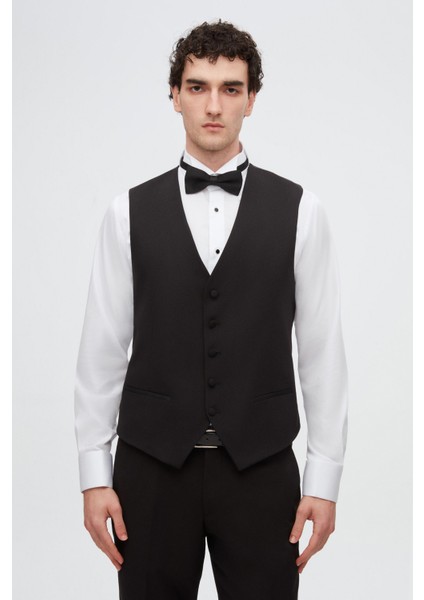 Slim Fit Siyah Düz Damatlık & Smokin Yelekli Takim Elbise