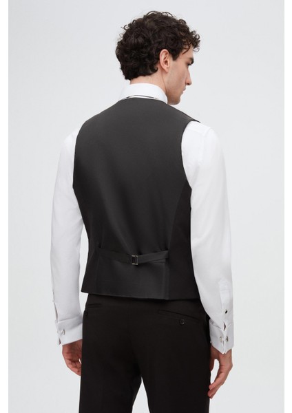 Slim Fit Siyah Düz Damatlık & Smokin Yelekli Takim Elbise