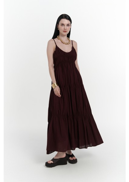 Dozza Askılı Uzun Bordo Elbise