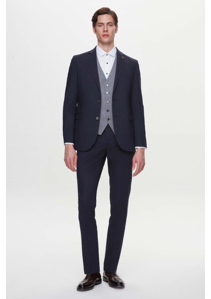 Slim Fit Lacivert Armürlü Takim Elbise Kombinli