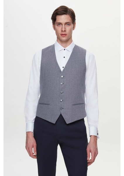 Slim Fit Lacivert Armürlü Takim Elbise Kombinli