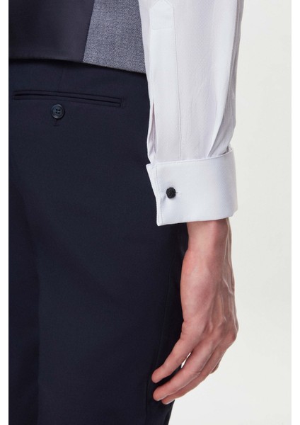 Slim Fit Lacivert Armürlü Takim Elbise Kombinli