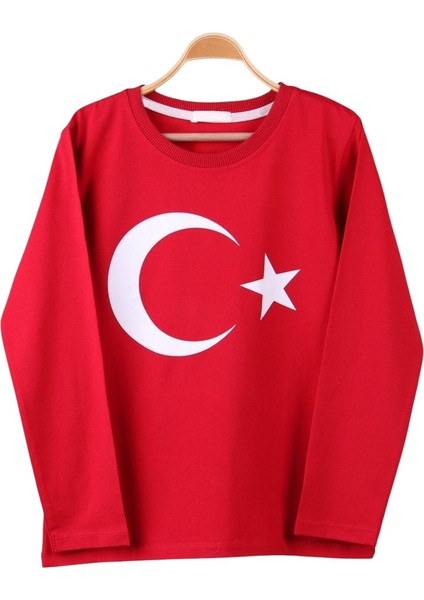 Türk Bayraklı Çocuk Uzun Kollu Kırmızı Tişört