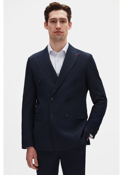 Slim Fit Lacivert Çizgili Kruvaze Takim Elbise
