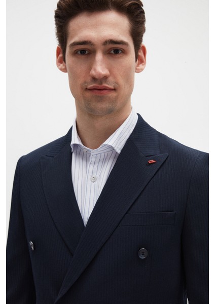 Slim Fit Lacivert Çizgili Kruvaze Takim Elbise