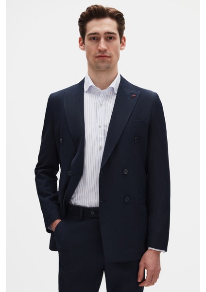 Slim Fit Lacivert Çizgili Kruvaze Takim Elbise