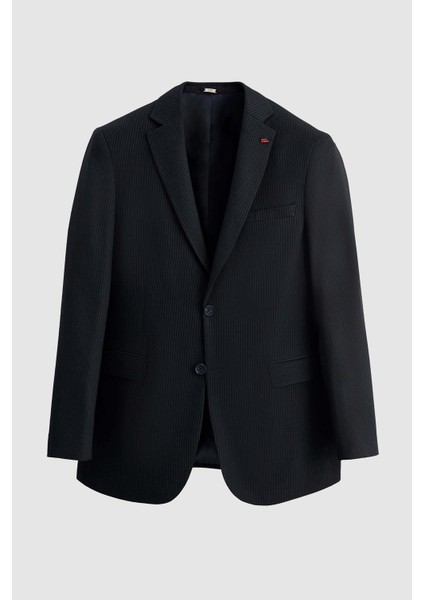 Slim Fit Lacivert Çizgi Desenli Takim Elbise Yelekli