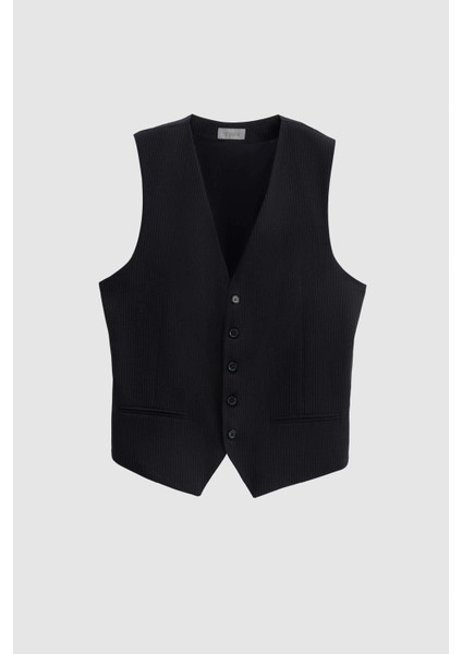 Slim Fit Lacivert Çizgi Desenli Takim Elbise Yelekli