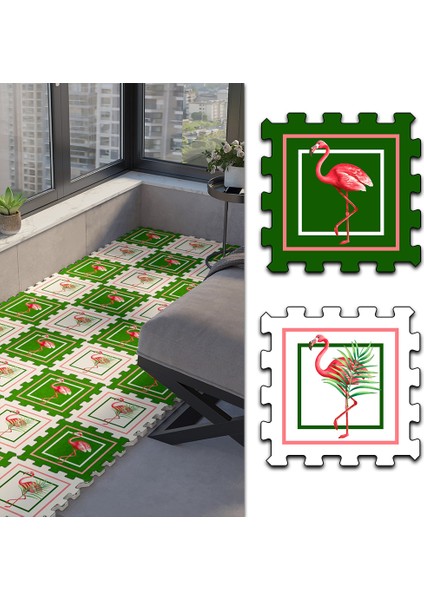 Dijital Baskılı Renkli Filamingo Figürlü Balkon Halısı Yolluk Yapboz Puzzle Japon Halı