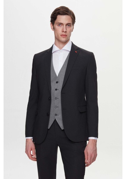 Slim Fit Siyah Armürlü Takim Elbise Kombinli