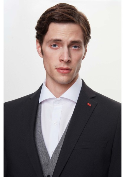 Slim Fit Siyah Armürlü Takim Elbise Kombinli