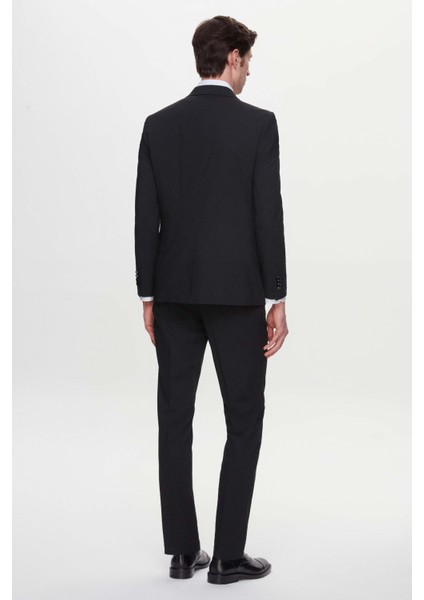 Slim Fit Siyah Armürlü Takim Elbise Kombinli
