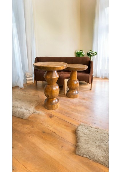 Wood Ahşap 2'li Set Mantar Yan Sehpa Modern Fiskos / Tik Ağacı Renk / Zigon Sehpa Vernikli