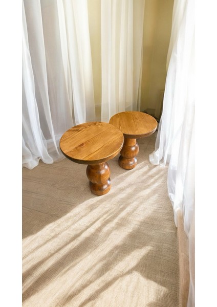 Wood Ahşap 2'li Set Mantar Yan Sehpa Modern Fiskos / Tik Ağacı Renk / Zigon Sehpa Vernikli