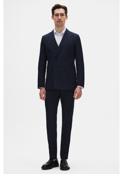 Slim Fit Lacivert Çizgili Kruvaze Takim Elbise