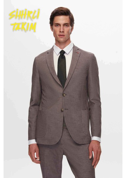 Ds Damat Slim Fit Kahverengi Baskılı Takim Elbise