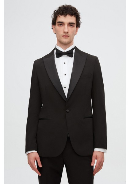 Slim Fit Siyah Krep Desen Smokin Takim Elbise