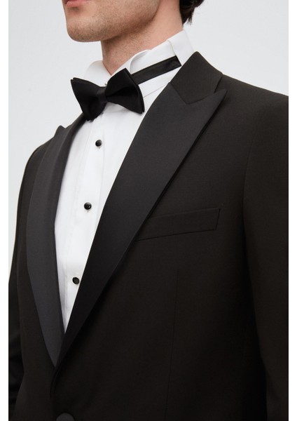 Slim Fit Siyah Krep Desen Smokin Takim Elbise