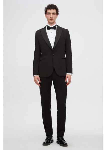 Slim Fit Siyah Krep Desen Smokin Takim Elbise