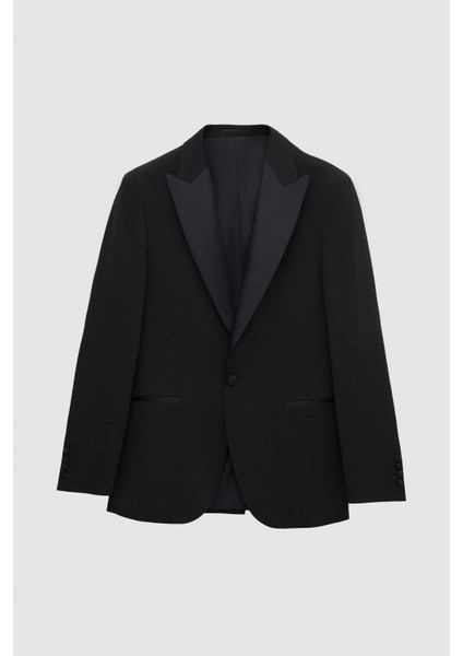 Slim Fit Siyah Krep Desen Smokin Takim Elbise