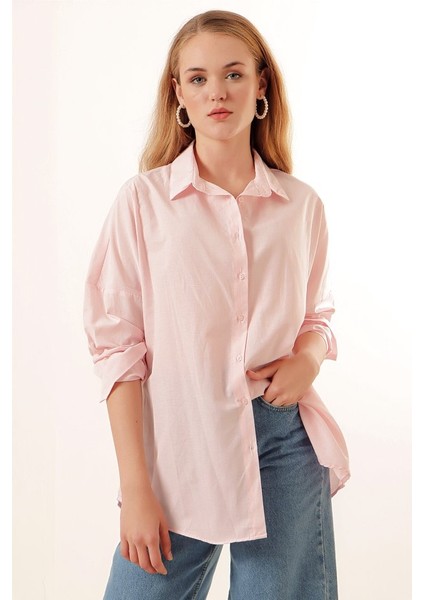 3900 Oversize Uzun Basic Gömlek - Pudra
