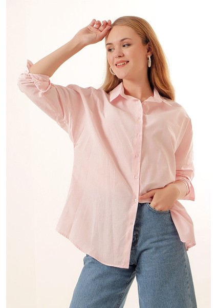 3900 Oversize Uzun Basic Gömlek - Pudra