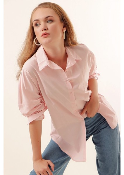 3900 Oversize Uzun Basic Gömlek - Pudra