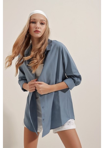 3900 Oversize Uzun Basic Gömlek - Indigo