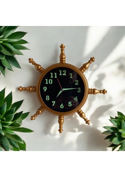 Fosforlu Gold Metal Ahşap Gemici Denizci Dümen Duvar Saati 34 cm fiyatları