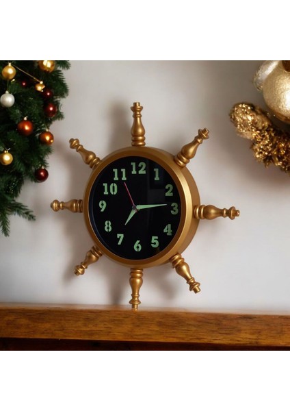 Fosforlu Gold Metal Ahşap Gemici Denizci Dümen Duvar Saati 34 cm fırsatları