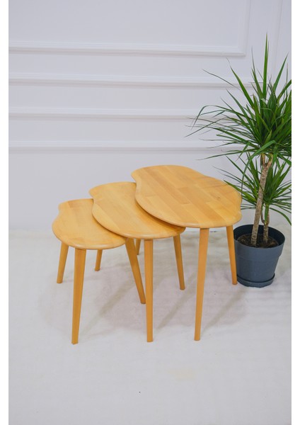 Masif Doğal Ahşap Zigon Sehpa 3'lü Set, Modern Masif Yan Sehpa