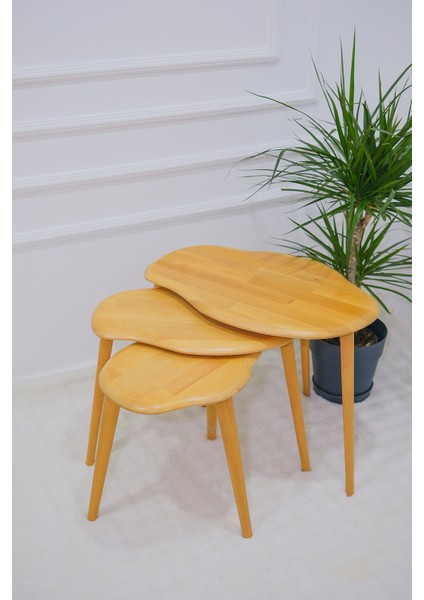 Masif Doğal Ahşap Zigon Sehpa 3'lü Set, Modern Masif Yan Sehpa