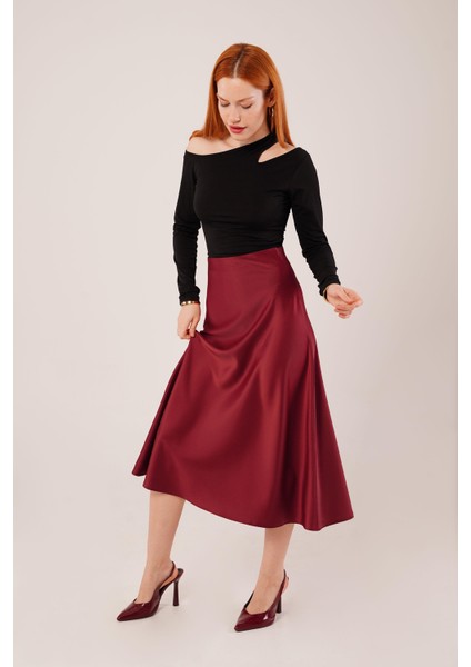 Çan Kesim Midi Bordo Saten Etek