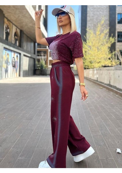7217 Yuvarlak Taşlı Pantolon Bordo