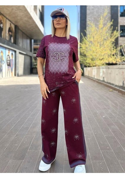 7217 Yuvarlak Taşlı Pantolon Bordo