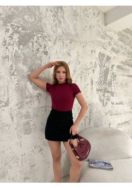 Kısa Kol Badi Bluz - Bordo