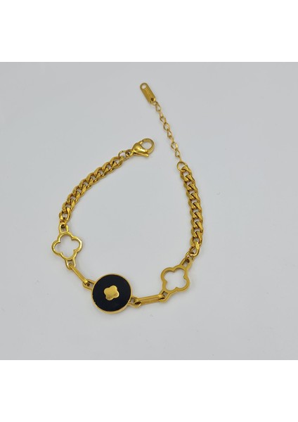 Gold Renk Siyah Detaylı Çelik Çiçek Bileklik – Ayarlanabilir, 17.5+4.5 cm