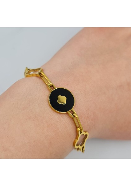 Gold Renk Siyah Detaylı Çelik Çiçek Bileklik – Ayarlanabilir, 17.5+4.5 cm modelleri