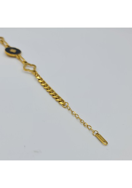 Gold Renk Siyah Detaylı Çelik Çiçek Bileklik – Ayarlanabilir, 17.5+4.5 cm indirimleri