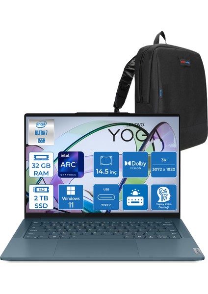 Yoga Pro 7 14IMH9 Intel Core Ultra 7 155H Aı 32GB Ddr5 2tb SSD Intel® Arc™ GRAPHICS14.5" 3k (3072X1920) IPS 400NITS 120Hz Dokunmatik WIN11PRO Taşınabilir Bilgisayar 883E200AQTRW04+ZETTAÇANTA