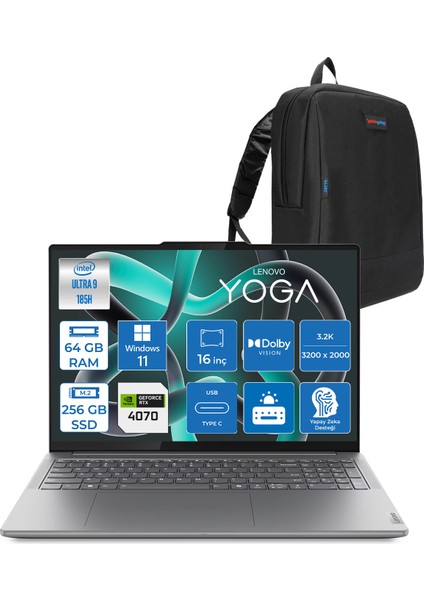 Yoga Pro 9 16IMH9 Intel Ultra 9 185H Aı 64GB Ddr5 256GBSSD 8GB/RTX4070 16" 6" 3.2k (3200X2000) 1200NITS 165Hz Dokunmatik WIN11PRO Taşınabilir Bilgisayar 883DN007GTRW01+ZETTAÇANTA