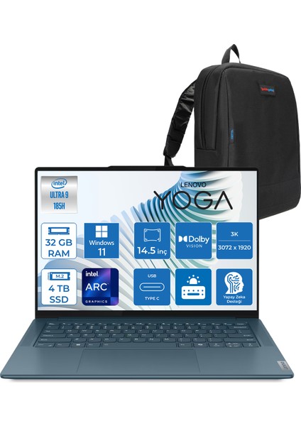 Yoga Pro 7 14IMH9 Intel Ultra 9 185H Aı 32GB Ddr5 4tb SSD Intel® Arc™ GRAPHICS14.5" 3k (3072X1920) IPS 400NITS 120Hz Dokunmatik Windows 11 Home Taşınabilir Bilgisayar 883E2002QTRH05+ZETTAÇANTA