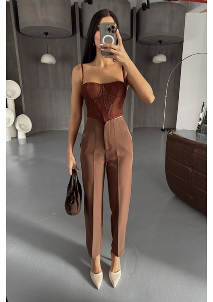 Pantolon Pensli Atlas Kumaş - Kahverengi modelleri