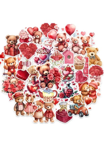 50 Adet Sevgililer Günü Karikatür Ayı Dekoratif Stickerlar