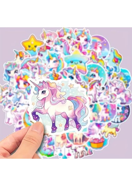 50 Adet Unicorn Karikatür Sticker - Su Geçirmez Vinil