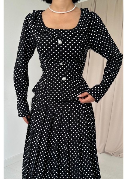 Siyah Puantiye Desenli Volanlı Elbise modelleri