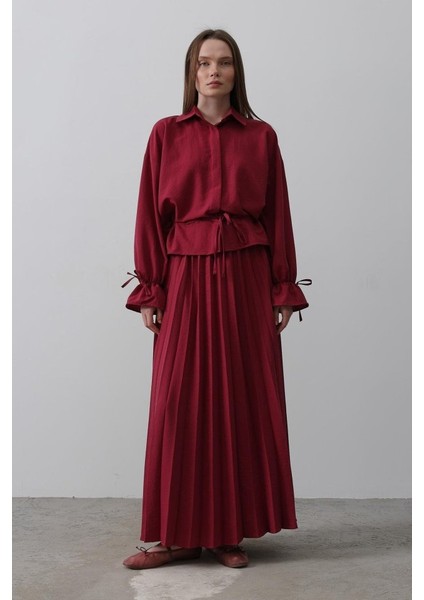 Bel Detaylı Bluz Pileli Etek - Bordo fiyatları