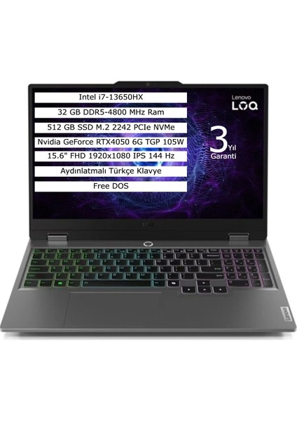 Loq 15IRX9 Intel Core I7 13650HX 32GB 512GB SSD 6gb RTX4050 Freedos 15.6" Fhd Taşınabilir Bilgisayar 83DV0119TR