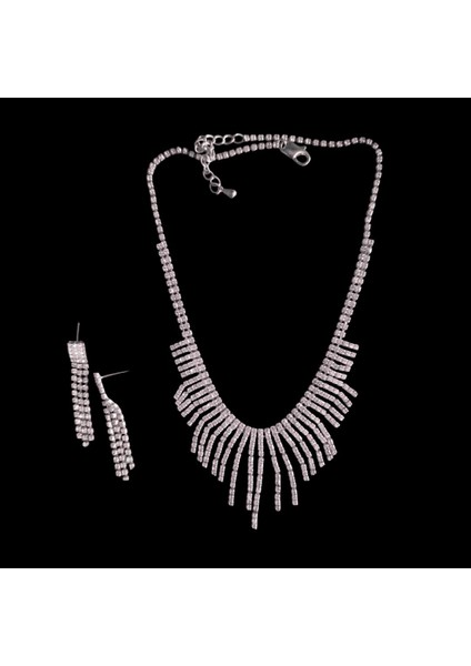 Zirkon Taşlı Gümüş Rengi Özel Gün Takı Seti | Kolye ve Küpe | Parlak Şık Aksesuar